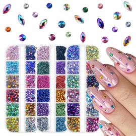 3Boxes Colorful Nail Art Rhinestone, Flatback Bedazzling Nail Gems Half Round, Horse Eye Diamonds with Pickup Tweezer for Nail Decoration Facial Make Up DIY Craft