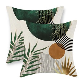 GOLIANDA Boho Pillow Covers 18x18 Set of 2 Gold Green Throw Pillows Modern Mid Century Pillowcase Tropical Leaves Orange Sun Decorative Pillows Outdoor Decorations Bohemian Cushion Case for Sofa Home