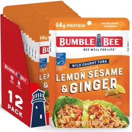 Bumble Bee Lemon Sesame & Ginger Seasoned Tuna Pouch - Wild Caught and Ready to Eat for Snack, Salad, Korean Tuna Bowl - 14g Protein per Serving - 2.5 oz Packet (Pack of 12)