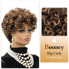 Short Wigs for Black Women Brown Pixie Cut Wig with Bangs African American Wigs for Black Women Short Curly Afro Wigs Synthetic Brown Short Curly Bob Wig