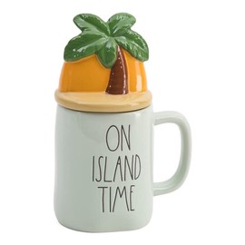Rae Dunn Coffee Mugs with Decorative ceramic Lids, On Island Time/Palm Tree/Light Sage