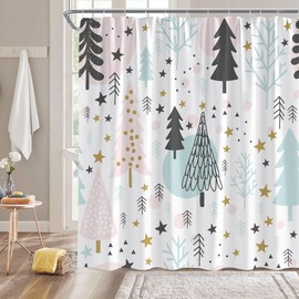 Winter Christmas Shower Curtain Blue Pink Gray Xmas Tree Snowflake Star Rustic Winter Holiday Merry Christmas Seasonal Featival Bathroom Decor Fabric Curtain with Hooks