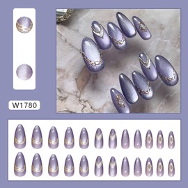 EYZOTSF Press on Almond Nails Medium Length Glossy Full Cover Acrylic French Almond Shaped False Nails with Designs Artificial Fake Nail with Charms Glue Stick ons Fingernails for Women Girls(W1780)