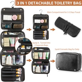 Elviros Toiletry Bag Hanging Travel Organizer for Men and Women, 3 in 1 Multifunctional Large Makeup Cosmetic Case for Toiletries Accessories, Water-Resistant PU Leather Bathroom Dopp Kit Shaving Bag