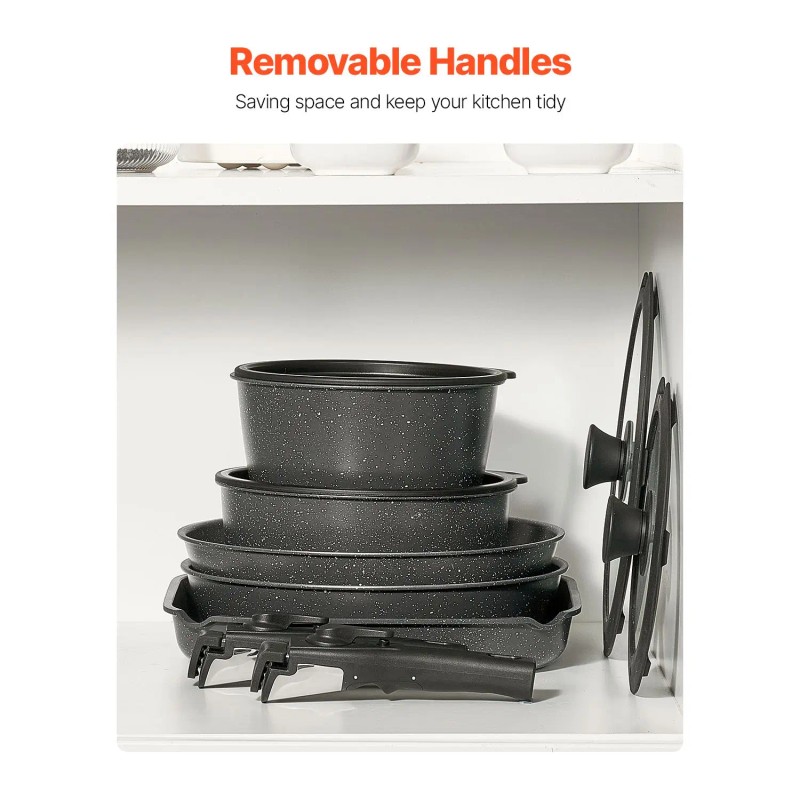 17-Piece Black Granite Nonstick Cookware Set Detachable Handle Space-Saving Induction