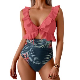Eomenie - Traje de baño de una pieza para mujer, con control de barriga, con volantes, cuello en V, fruncido, traje de baño adelgazante, corte, Rosa (Pink Print), XX-Large