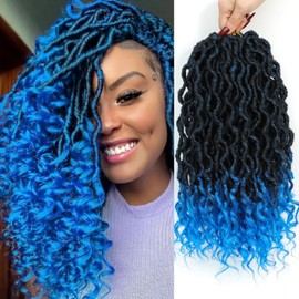 Goddess Locs Crochet Hair 14 Inch 6 Packs Ombre Blue Faux Locs Crochet Hair for Black Women Pre Looped Short Locs Crochet Hair with Curly Ends(1B/Blue, 14 Inch, 6 Packs)