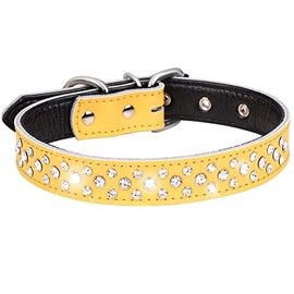 Serijoars Rhinestone Dog Collar for Small Medium Large Dogs, Adjustable Sparkly Crystal Soft Genuine Leather Bling Dog Collars (M, Yellow)