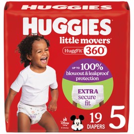 Huggies Size 5 Baby Diapers, Little Movers HuggFit 360° Baby Diapers with 360° Waistband, Size 5 (27+ lbs), 19 Count, Packaging May Vary