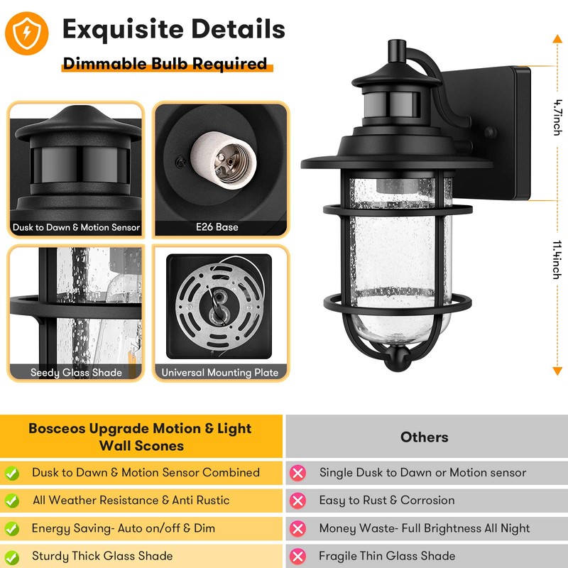 Motion Sensor Outdoor Wall Lantern Dusk to Dawn Waterproof Exterior