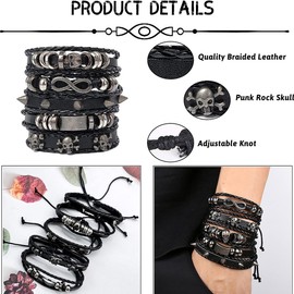 Tashce Pack of 5 Men's Leather Bracelets, Black, Braided, Adjustable, Punk