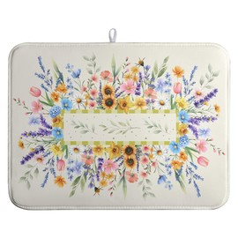 Summer Wild Flowers Dish Drying Mat Vintage Floral Large Kitchen Mat Dish Drying Pad Absorbent Dish Dryer Mat for Kitchen Countertops Microfiber Drainer Pad Dish Drying Rack Mat (18x24 in)