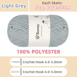 Reessy Chenille Yarn, Soft Chunky Yarn for Crochet, 4 ×50g Thick Wool Fluffy Wool Perfect for Crochet Baby Blankets, Jumpers, Scarves, Hats(Light Grey)