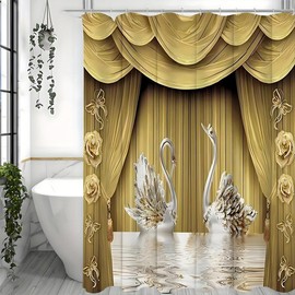 Golden Floral Swan Printed Shower Curtain Set Waterproof Bathroom Partition Curtain With Hooks Bathroom Accessories Aesthetic Room Decor - Color: 180*180cm