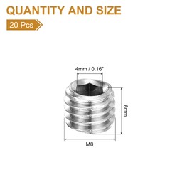 sourcing map 20Pcs Set Screws M8x8mm 304 Stainless Steel Cone Point Hex Socket Grub Screws for Machinery, Home Repairs, and Fixtures Silver
