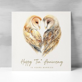 Postcard Prints - 10th Anniversary Card Tin Anniversary - Owl Design for Husband or Wife - Celebrate 10 Years - 300gsm Matte Finish - Square 5.5x5.5 Inch Card