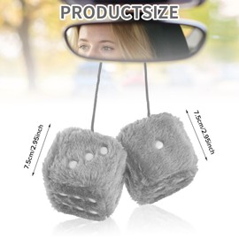 Fuzzy Dice for Car Mirror, Pair of Retro 2.75” Fuzzy Dice for Rear View Mirror with White Dots for Car Interior Hanging Ornament Decoration (Grey)