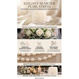 Guirnalda de Perlas 50m 3mm Beige con Cuerda Roscada para Decoración de Bodas, Ramos de Novia Manualidades DIY, Fiestas y Decoración de Habitación