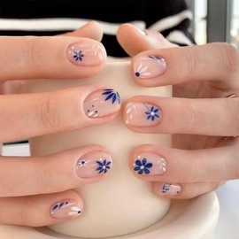 GlamRays Pack of 24 Square Stickers Nails Short False Nails Nude False Nails with Flower Design Cute Glue Nails Full Cover