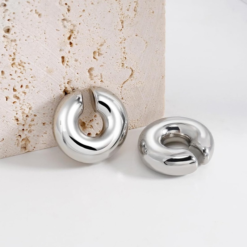 2 Pairs Silver Hoop Clip On Earrings Chunky Silver Hoop