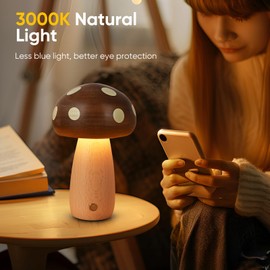 LONRISWAY LED Wooden Mushroom Lamp for Bedroom,Portable Cordless Touch Switch Small Rechargeable Battery Operated Lamp,Stepless Dimming, Night Light for Birthday Gifts