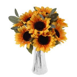 10 PCS 13" Artificial Faux Sunflower Stem plus 3 PCS 14" Eucalyptus Stem in 8" Glass Vase for Office Shop Home Decor Wedding Party Living Room Table Centerpieces Spring Fall Everyday DIY Decoration