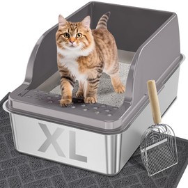 UPSKY Stainless Steel Cat Litter Box with Lid, XL Large Metal Litter Box for Large Breeds, Enclosed Kitty Litter Pan with High Sides, Leak-Proof & Non-Stick, Easy to Clean, Scoop and Mat Included