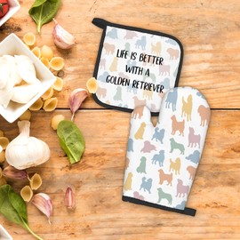 FIicy Golden Retriever Dog Oven Mitts and Pot Holders Sets, Golden Retriever Gifts Kitchen Accessories Sets, Colorful Golden Retriever Heat Resistant Oven Glove Potholders for Kitchen Baking