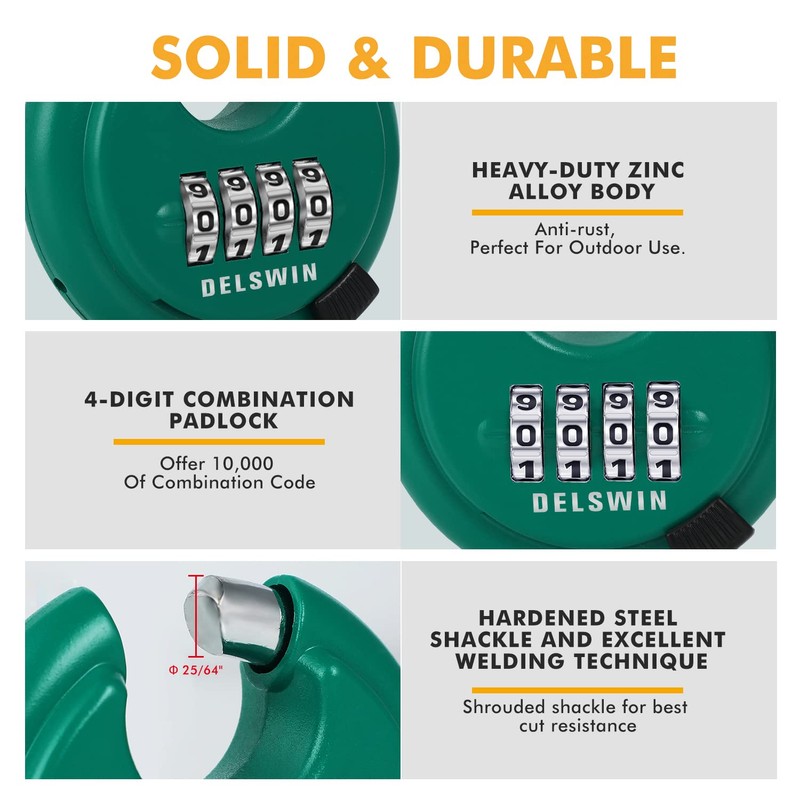DELSWIN 4 Digit Combination Lock, Outdoor Combination Disc Padlock with