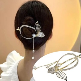 Fishtail Hair Clips Hair Barrettes Pearl Tassel Claw Clips Hair Accessories for Women Oval Hairpin Glitter Rhinestone Hair Clips Hair Jaw Clamp Headwear Hair Decorations Supplies 1PCS (Gold, One size)