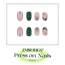 IMSOHOT Press on Nails Short Oval Fake Nails Green Pink French Tips False Nails with Cute Flower & Bow Designs Glossy Full Cover Glue on Nails Glitter Acrylic Round Nail Supplies for Women
