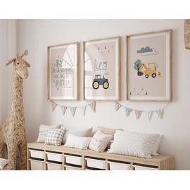 Kinderzimmer Bilder Junge, Wanddeko mit einem Traktor, Kinderspruch, Bagger als 3er Set ohne Rahmen (Beige, DIN A3 (29,7 √ó 42 cm))