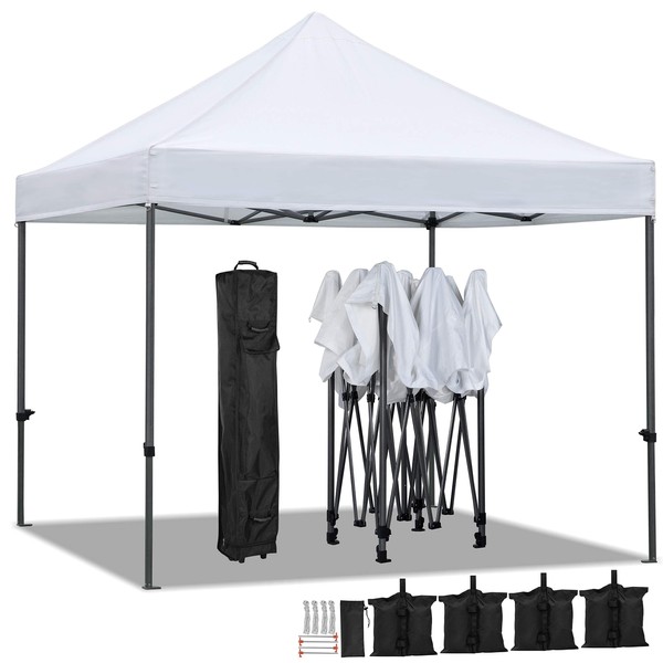 Yaheetech 10x10 Pop Up Canopy Tent, Commercial Instant Heavy Duty Canopy, 500D Waterproof Adjustable Canopy with Wheeled Carry Bag, 4 Sandbags & 4 Stakes, White