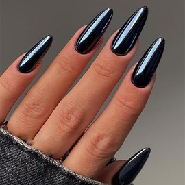 Nude Black Chrome Press on Nails Medium Almond, GRITOSE Mirror Metal Fake Nails Stiletto Nails Press ons, Glossy Acrylic Glue on Nails Summer Natural & Fit False Nails for Daily Wear in 24 Pcs