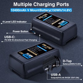 Uwayor V Mount Battery, 150Wh 10400mAh 14.8V Support PD 60W USB-C Fast Charging, with D-TAP, USB-A, USB-C Port, V-Lock Battery for Camera Video Broadcast Camcorder MacBook and Smartphone LED Light