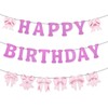 Pink Bow Happy Birthday Decoration, Coquette Glitter Hanging Birthday Banner
