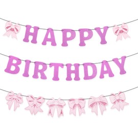Pink Bow Happy Birthday Decoration, Coquette Glitter Hanging Birthday Banner Backdrop Pink Bow Theme Garland Banner Sign for Girls Women Party Decor