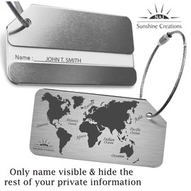 NAJ Luggage Tags 2 Pcs, Luggage Labels for Suitcase, Brushed Aluminum Alloy Travel Accessories with World Map Design Name ID Labels for Small & Large Suitcase, (World Map Pack-2) Silver