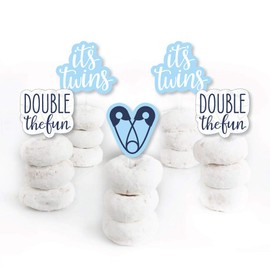 It’s Twin Boys  - Dessert Cupcake Toppers - Blue Twins Baby Shower Clear Treat Picks - Set of 24