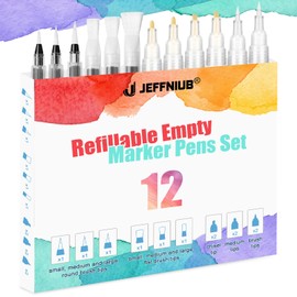 JEFFNIUB Set of 12 Empty Fillable Marker Pens Set, Refillable Watercolour Brush Pens& Paint Pen with Assorted Tips for Artists & Calligraphy