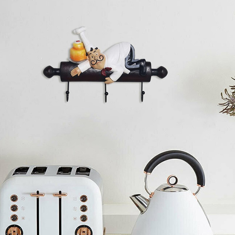 Jwthee Cute Chef with Bread Figurine Wall Hooks, Fat Chef