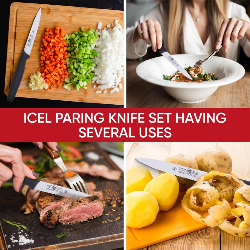 ICEL 4 Inch Paring Knife, Serrated Edge - Point Tip
