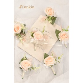 Annkin Champagne Boutonniere Set for Men With Pins - 6 Groom and Groomsmen Rose Boutonnieres for Wedding Ceremony, Anniversary, Formal Dinner Party, French Rustic Vintage Style