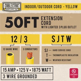 Cablectric 50 Ft Outdoor Extension Cord with 3 Outlet, 12/3 Weatherproof 50 ft Yellow Extension Cord with Multiple Lighted Outlets 3 Prong for Landscaping, Lawn Mower, & Major Electric Appliances