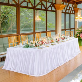 White Tulle Tablecloth 2Pack Stretchable Cross Table Cover 3 Sides for Wedding, Birthday, Party Decor, Banquet, Bridal Shower Fits Rectangle Tables 6ft