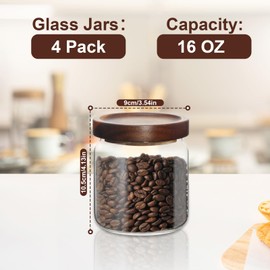 wangsdjy 16oz Glass Airtight Food Storage Jars with Acacia Wood Lid - Kitchen Canisters for Coffee,Tea,Sugar,Spices,Herbs,and Candy - Airtight,Eco-Friendly, and Stylish for Pantry or Countertop(4pcs)