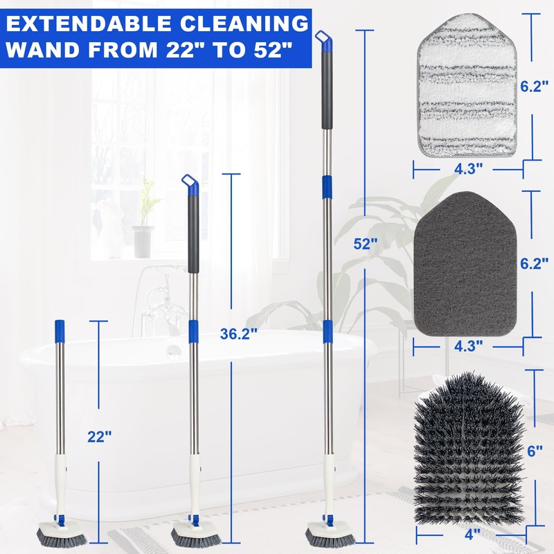Tile Tub Scrubber Brush with 52-inch Adjustable Long Handle 3-in-1
