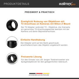 Walimex pro T2 Adapter for Nikon Z - Manual Focus Adapter Ring, Easy to Use Lens Mount Ring Compatible with Nikon Z6, Nikon Z7, Nikon Z50, Nikon Z5, Nikon Z7 II, Nikon Z6 II
