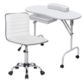 Yaheetech 37-inch Foldable Manicure Table Nail Desk Workstation w/Carrying Case/Wheels for Spa Beauty Salon and Adjustable Low Back Armless Swivel Office Chair Set White