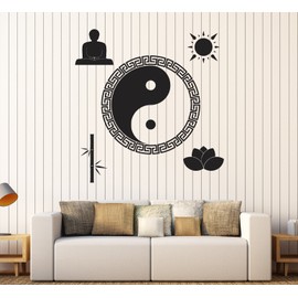 Large Vinyl Wall Decal Yin Yang Buddha Zen Meditation Room Stickers Large Decor (ig4480) Silver Metallic